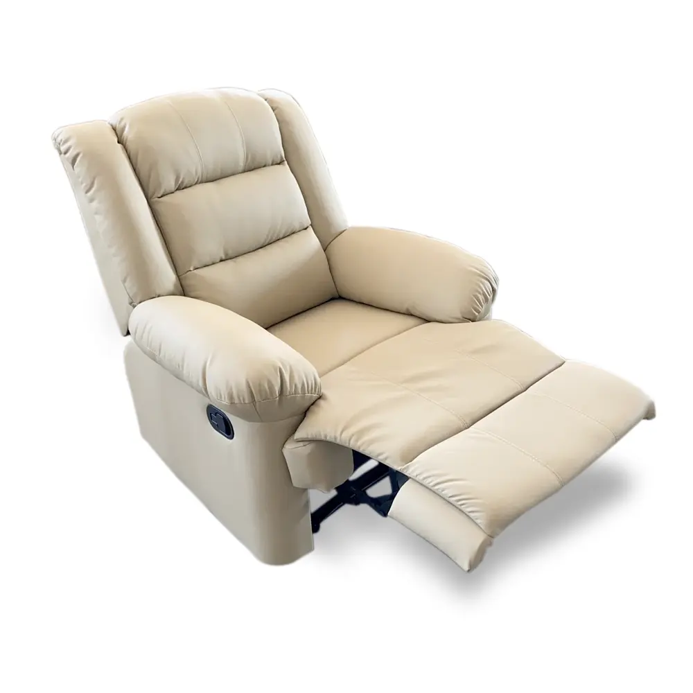 Fekvőfotel, relax fotelágy dönthető háttámlával, lábtartóval hinta funkcióval, világosbarna műbőr (PU-MA-SW-RO-CAMEL)