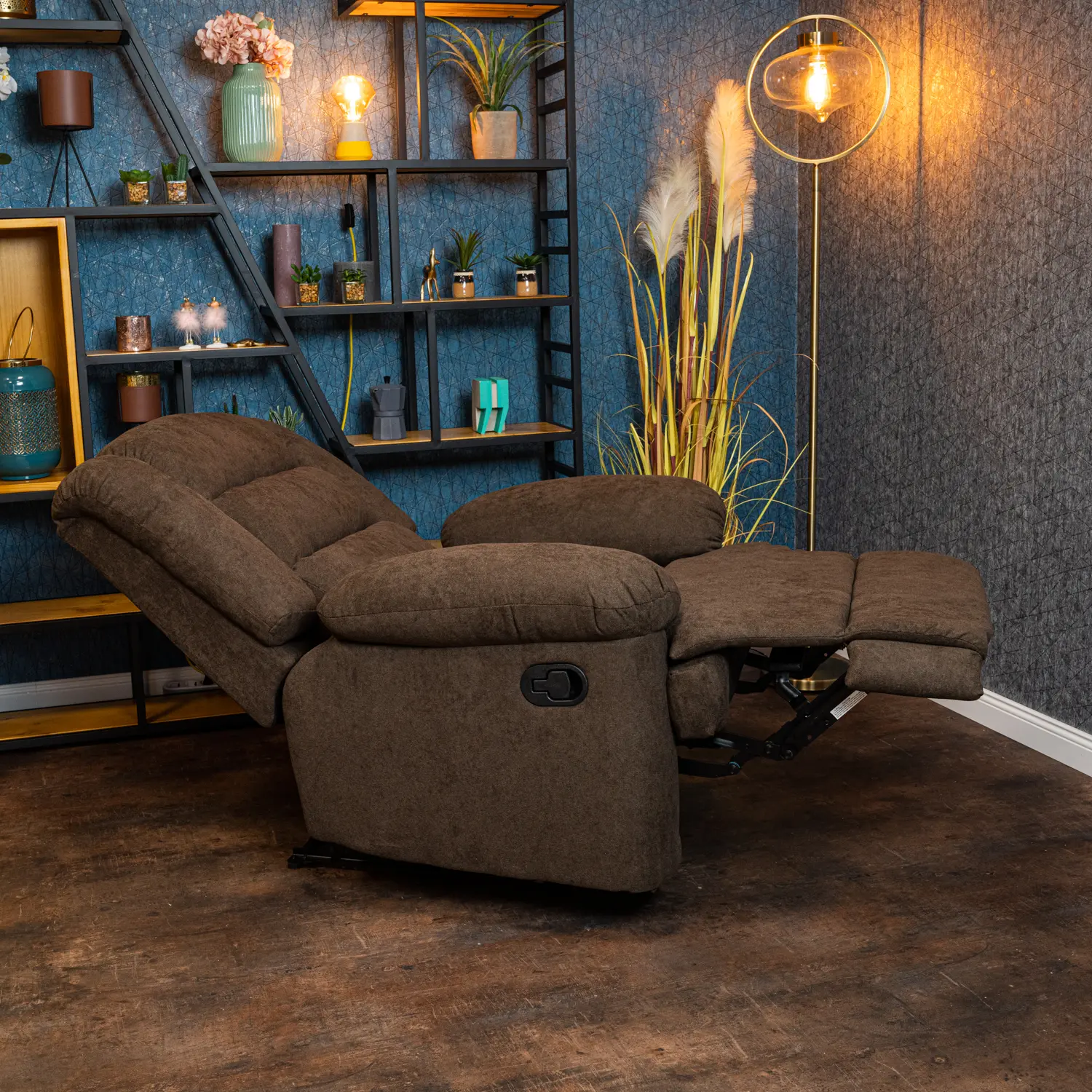 Fekvőfotel, relax fotelágy dönthető háttámlával, lábtartóval hinta funkcióval, kávébarna szövet (FAB-MA-SW-RO-COFFEE-8002)