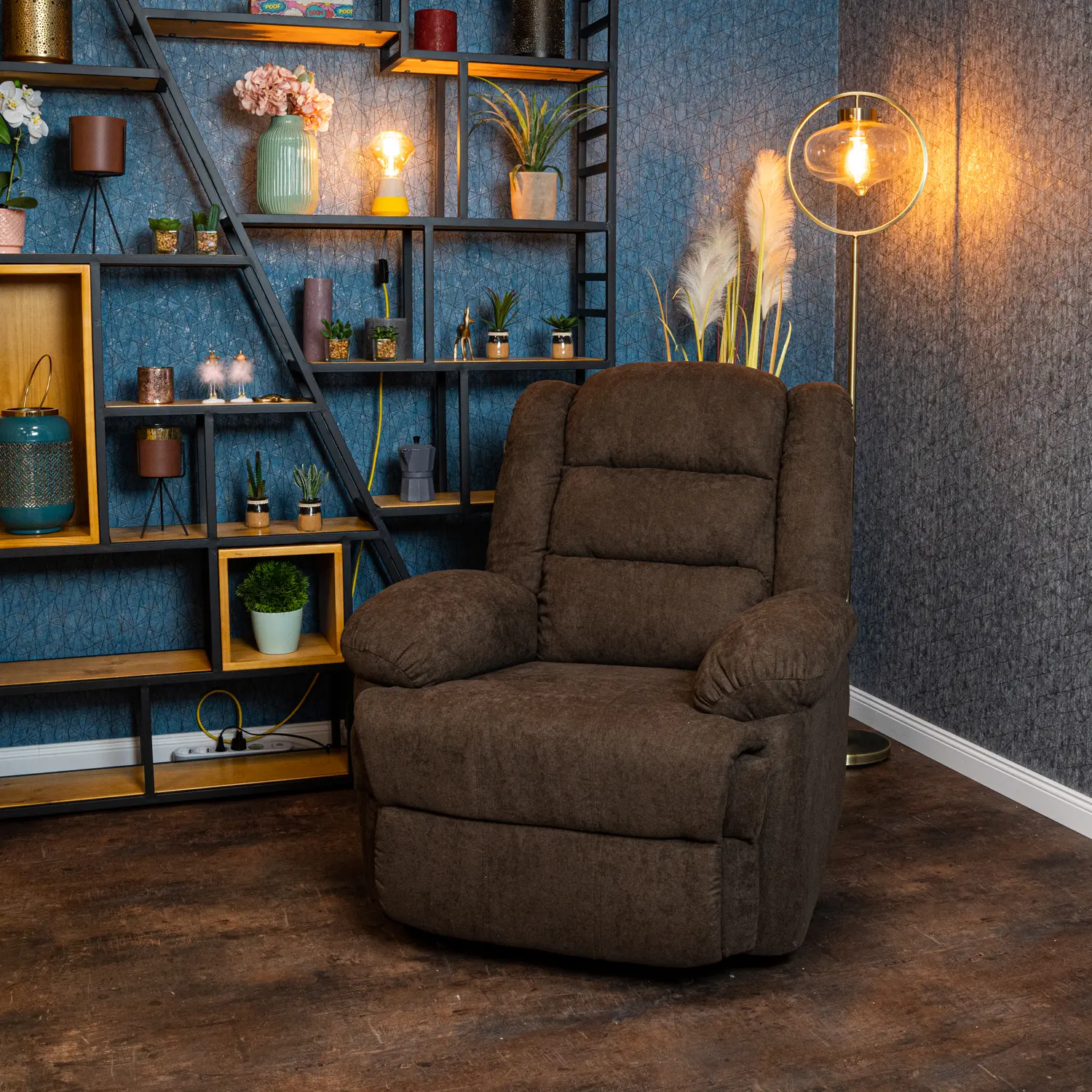 Fekvőfotel, relax fotelágy dönthető háttámlával, lábtartóval hinta funkcióval, kávébarna szövet (FAB-MA-SW-RO-COFFEE-8002)