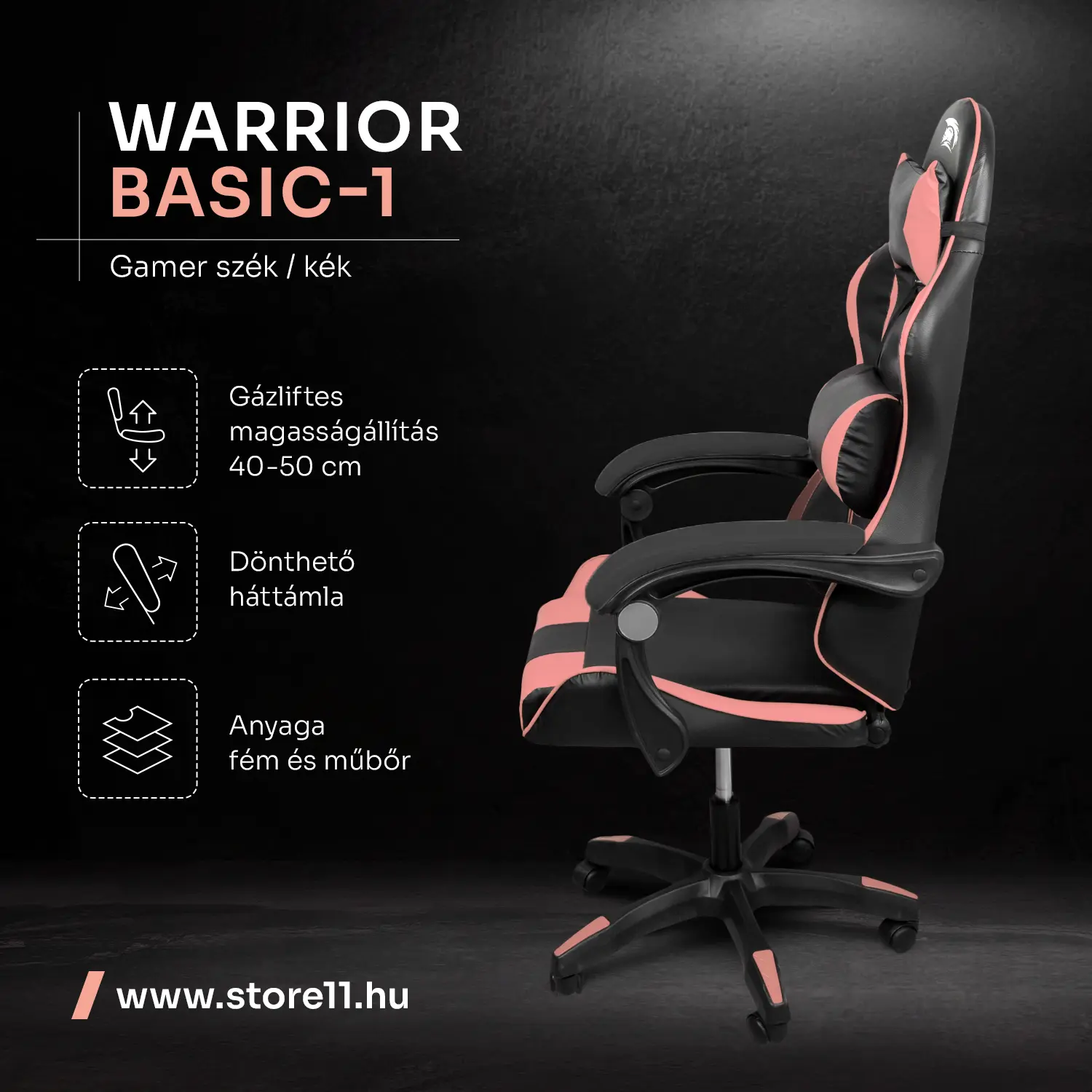 Herná stolička Warrior, otočná stolička čierno-ružová (GAMER-BASIC-1-BLACK-PINK)