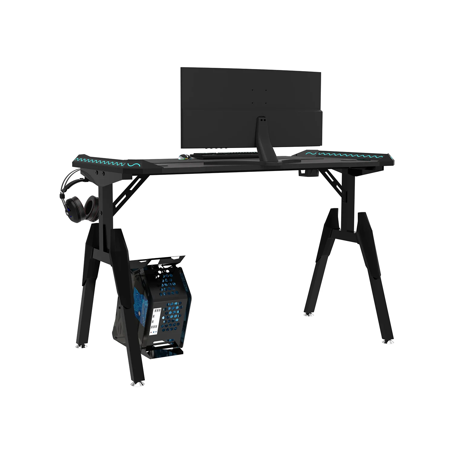 Gamer asztal, íróasztal LED világítással, alumínium, fekete 140*60*74 cm (gaming-desk-3)