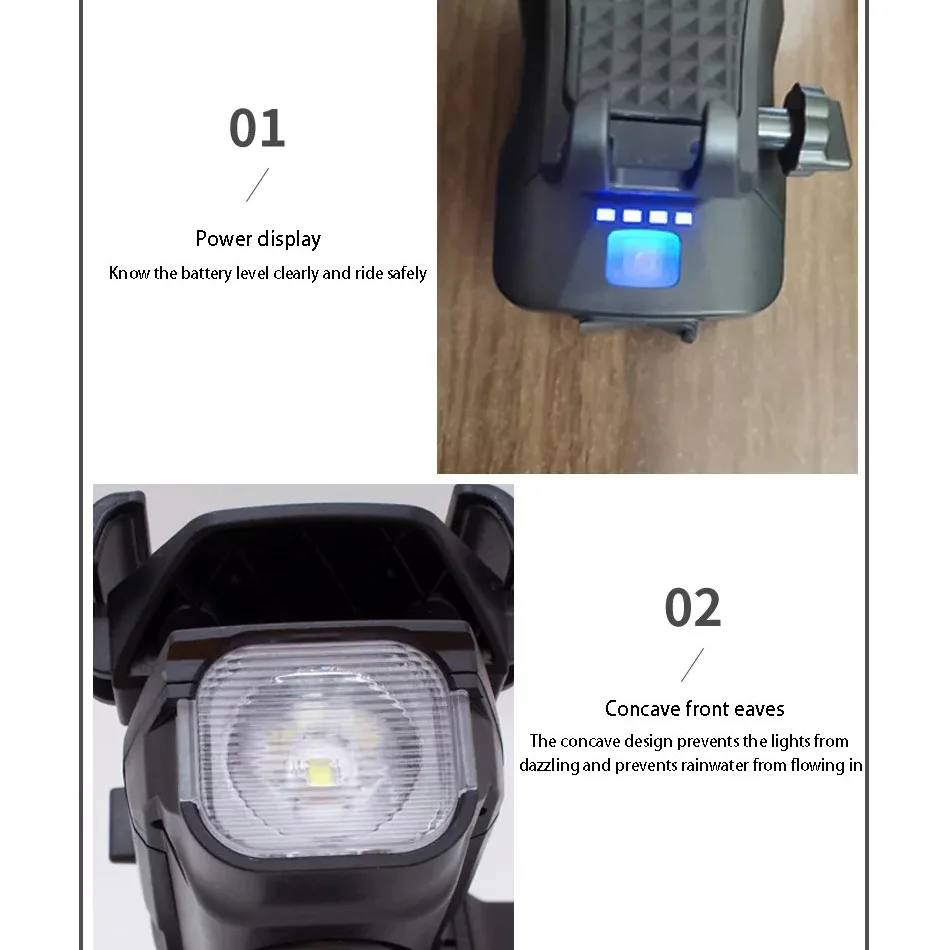 4 az 1-ben kormányra szerelhető LED biciklilámpa, kerékpár világítás, telefontartó, csengő, powerbank USB töltés, vízálló (HJ-068)