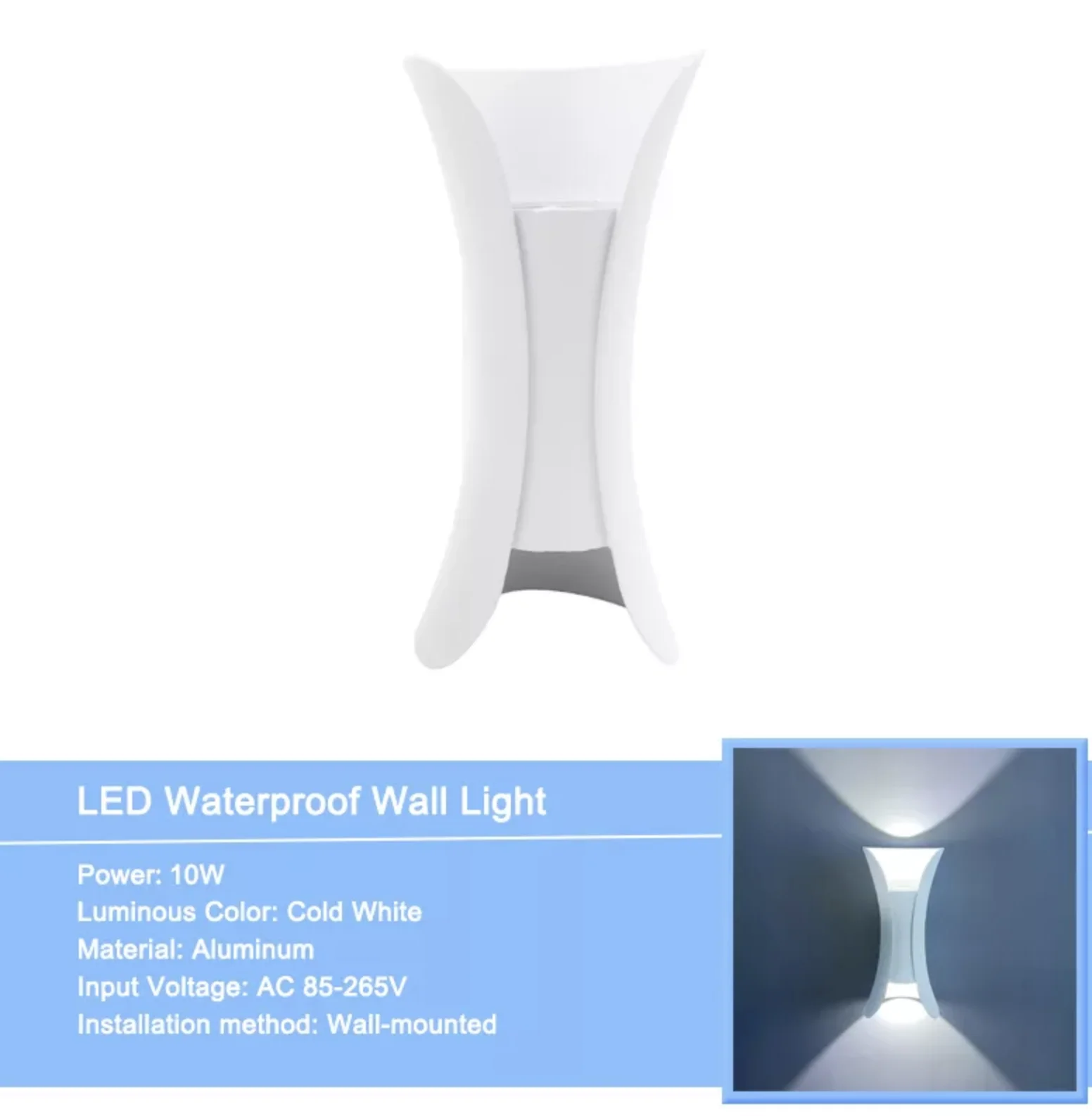 Kültéri fali LED lámpa 10W fehér színű IP65 vízálló 6000K hideg fényű (1002-2-WHITE-6000K)