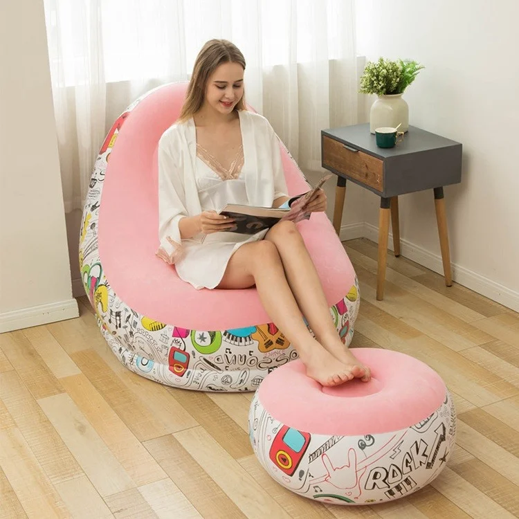 Felfújható fotel lábtartóval, kézi pumpával rózsaszín mintával (TH6097-pink)