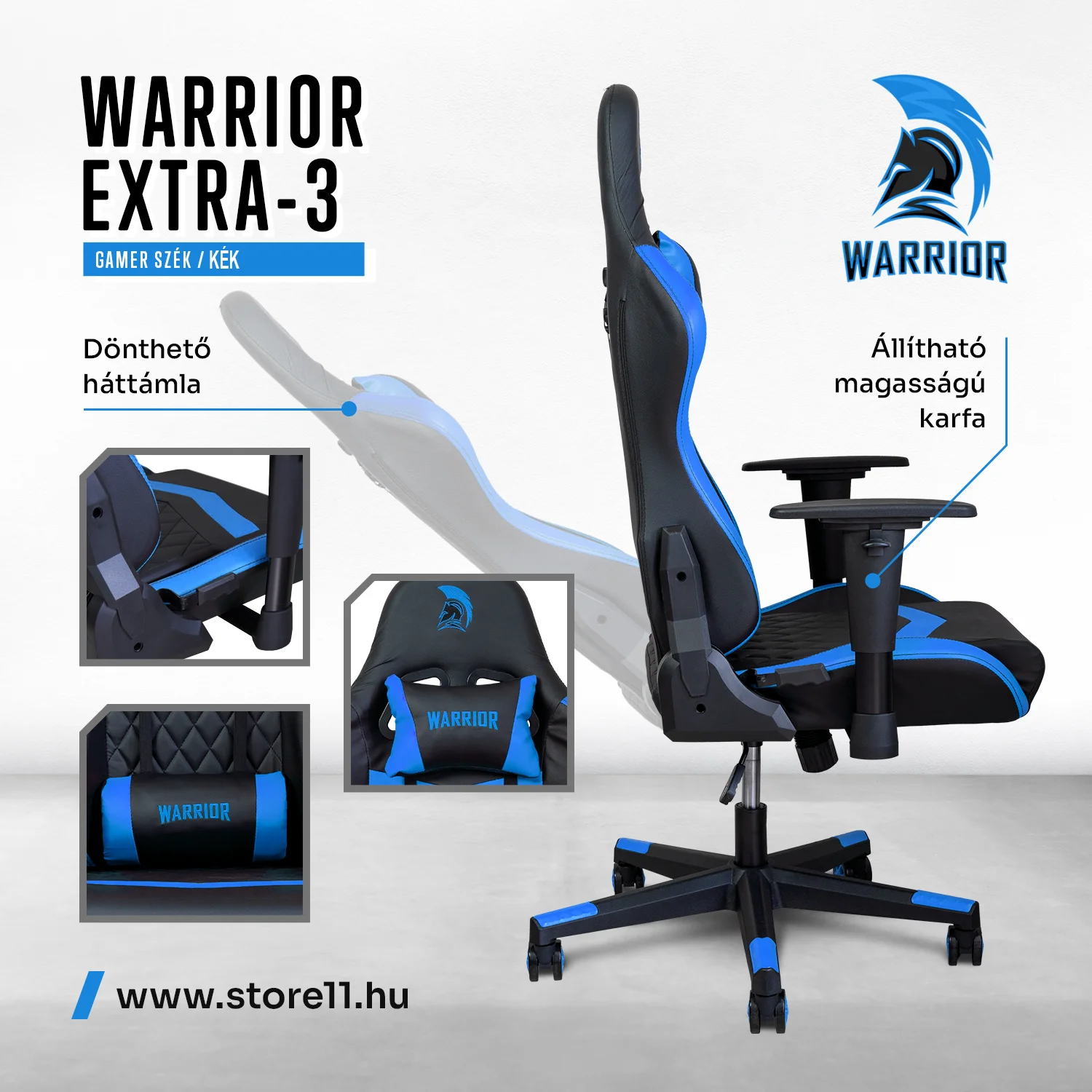 WARRIOR gamer szék fekete-kék (EXTRA-3)