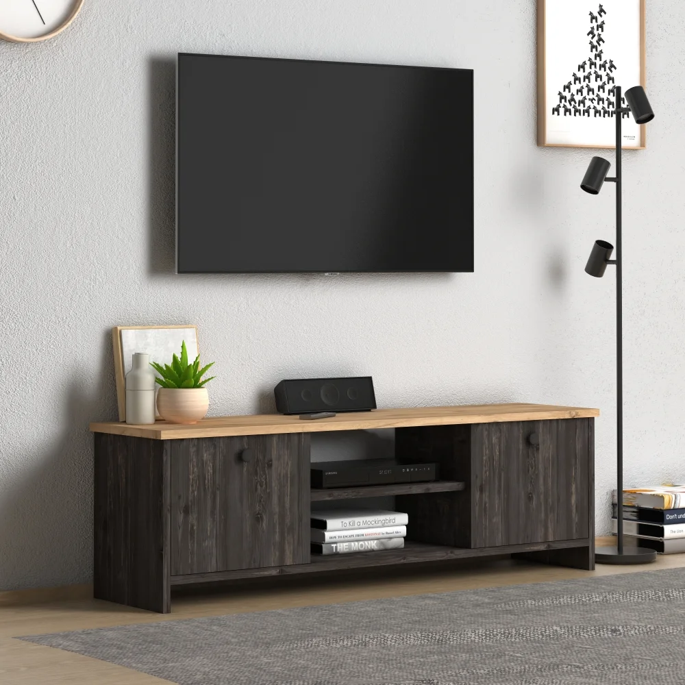 TV szekrény, TV állvány ajtókkal GERANIUM fekete, tölgy
