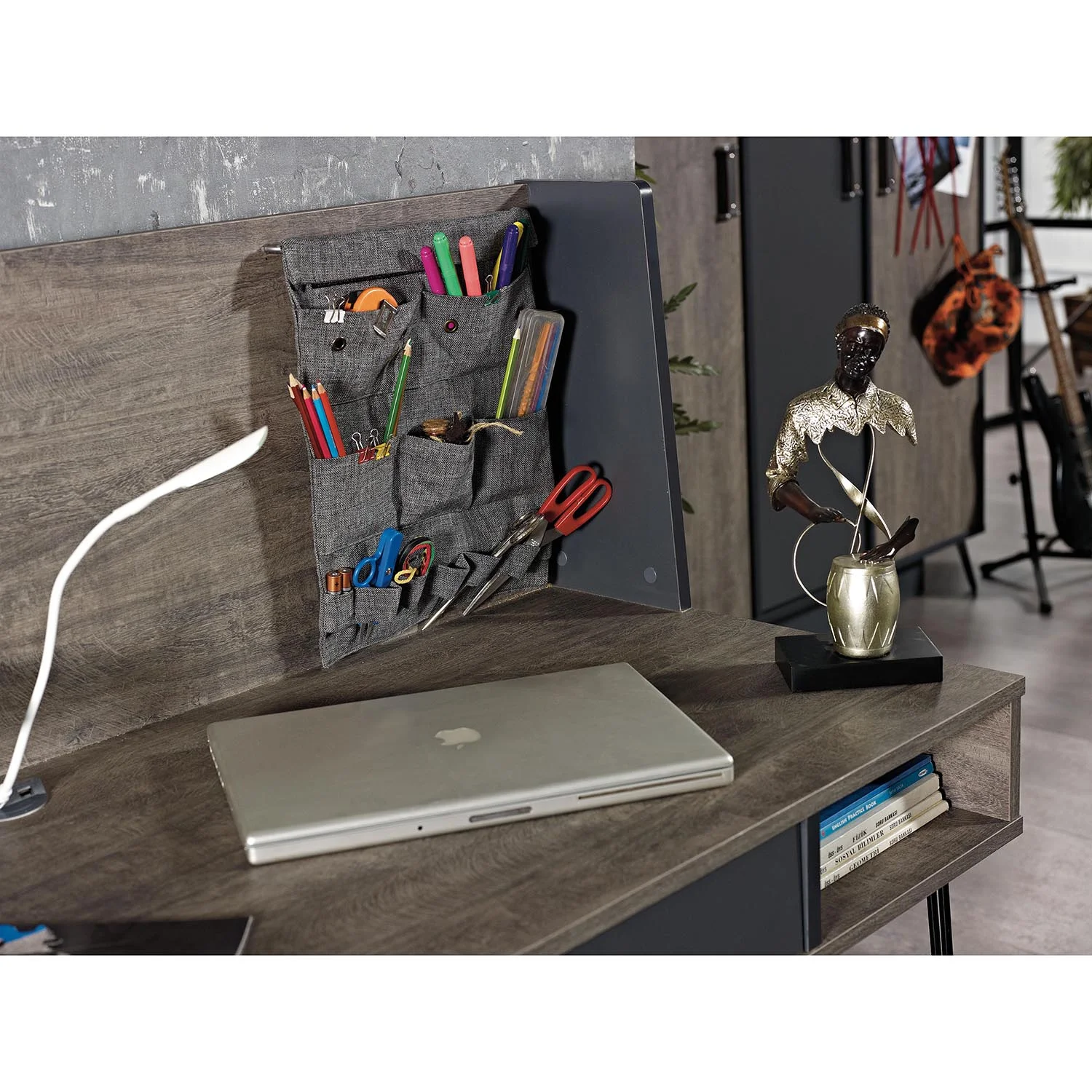 Polcos íróasztal fiókkal, rendszerezővel, mágneses táblával, USB portokkal HEDVIG, fekete-szürke
