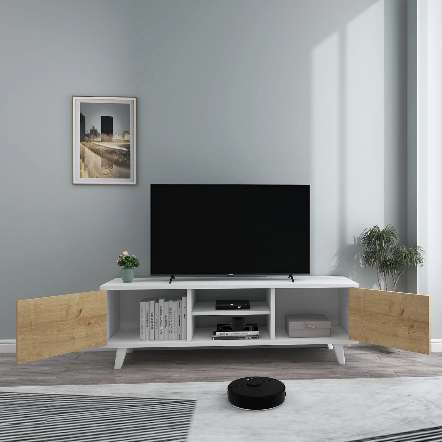 TV szekrény, TV állvány, POLLUX, fehér-tölgy színben