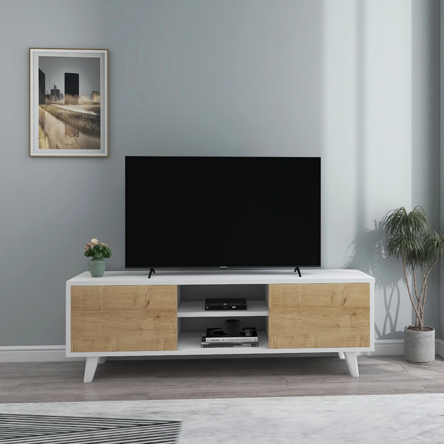 TV szekrény, TV állvány, POLLUX, fehér-tölgy színben
