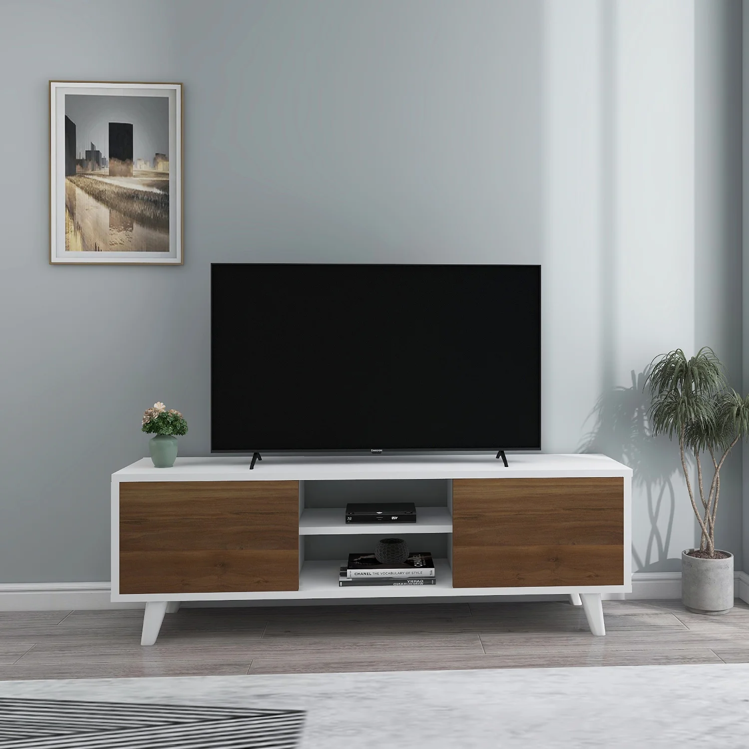 TV szekrény, TV állvány, POLLUX, fehér-fenyő színben