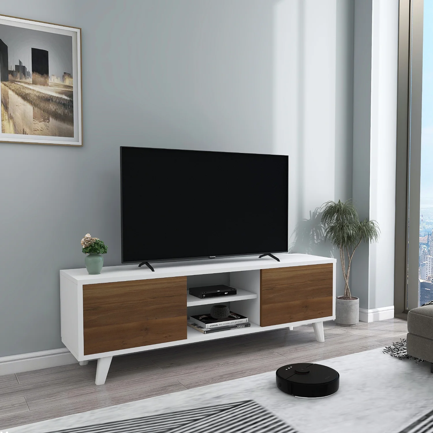 TV szekrény, TV állvány, POLLUX, fehér-fenyő színben