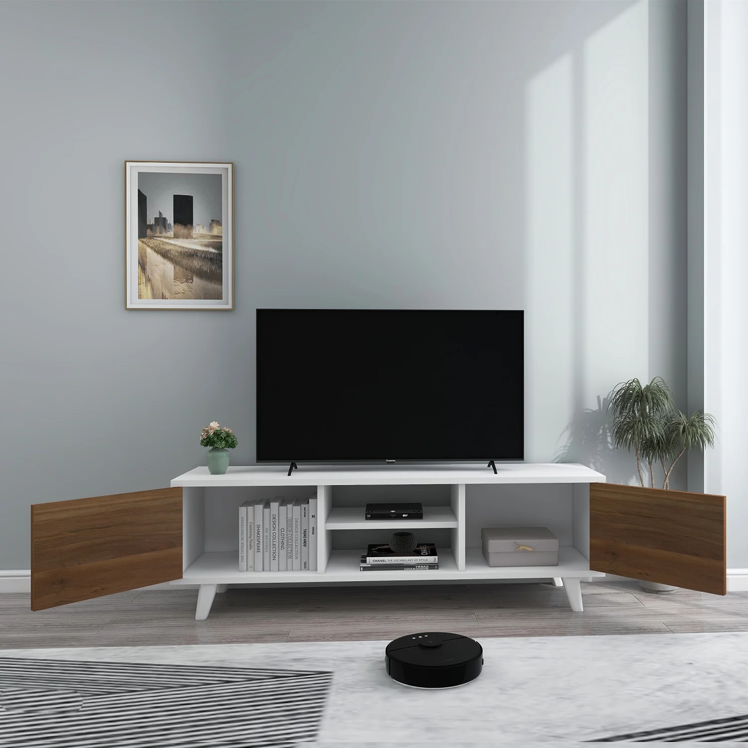 TV szekrény, TV állvány, POLLUX, fehér-fenyő színben