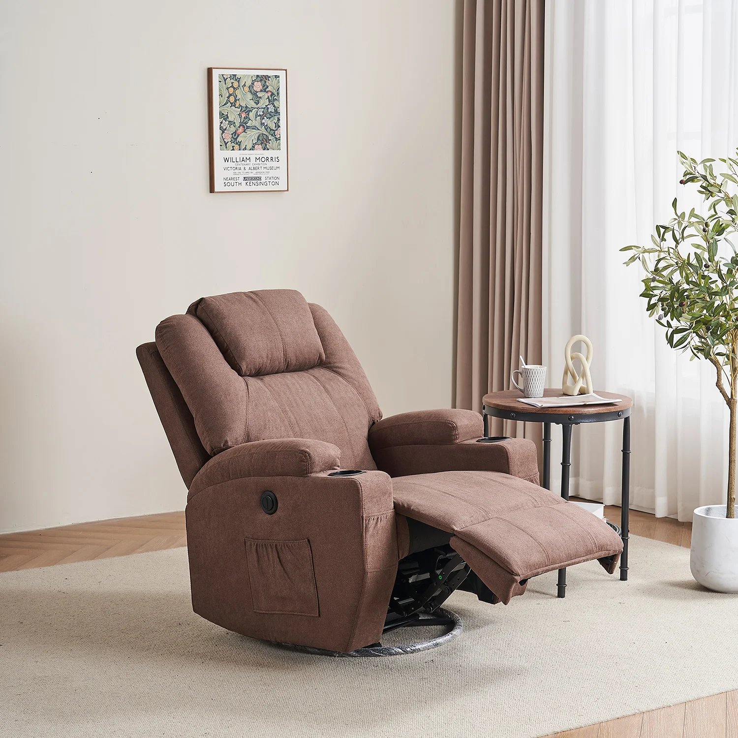 Relax fotelágy elektromosan dönthető háttámlával, lábtartóval, pohártartóval, vibrációs masszázzsal barna szövet (ELEC-MASS-CUP-DARK BROWN-FAB)