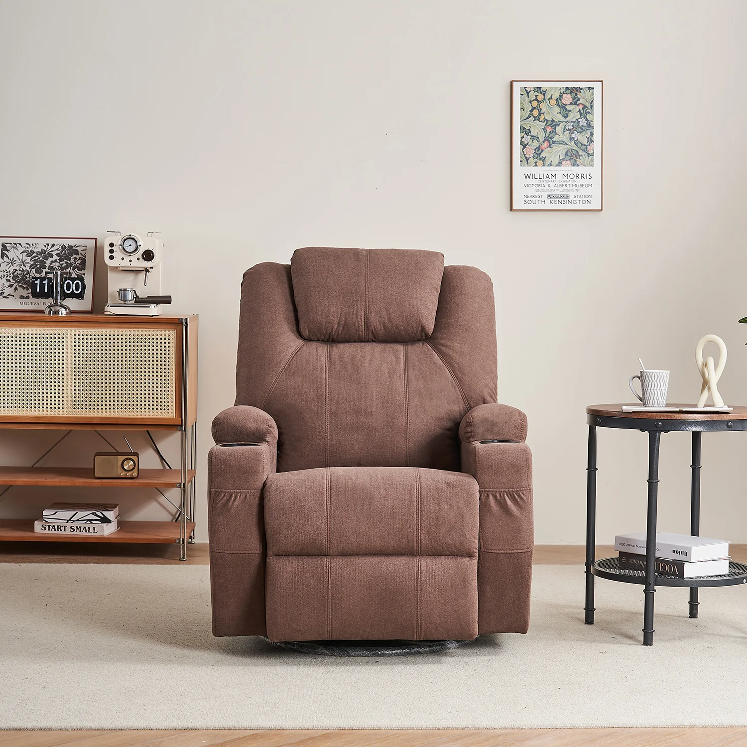Relax fotelágy elektromosan dönthető háttámlával, lábtartóval, pohártartóval, vibrációs masszázzsal barna szövet (ELEC-MASS-CUP-DARK BROWN-FAB)