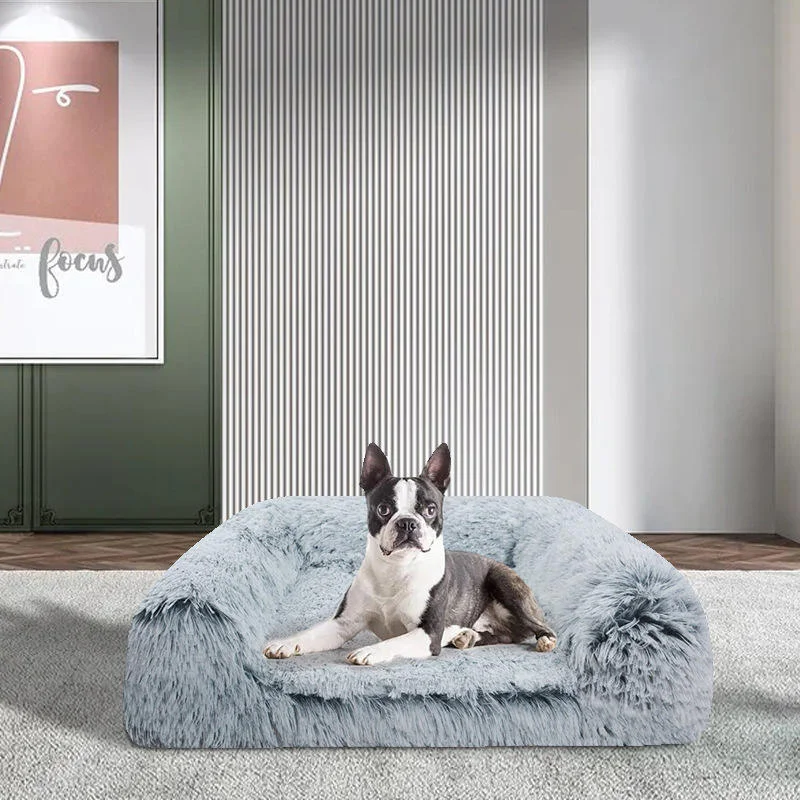 Pelech pre domáce zvieratá, v tvare pohovky, veľkosť M, svetlosivý kožušinový