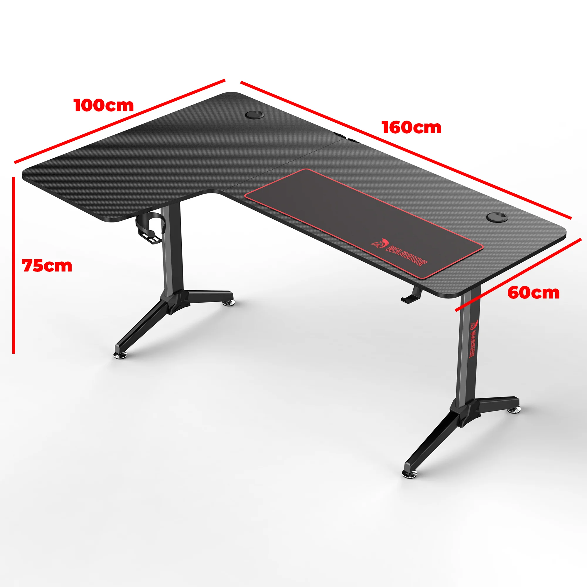 WARRIOR L alakú gamer asztal bal oldali kialakítás, alumínium, fekete színben, egérpaddal 160x60x75cm (HY-L)