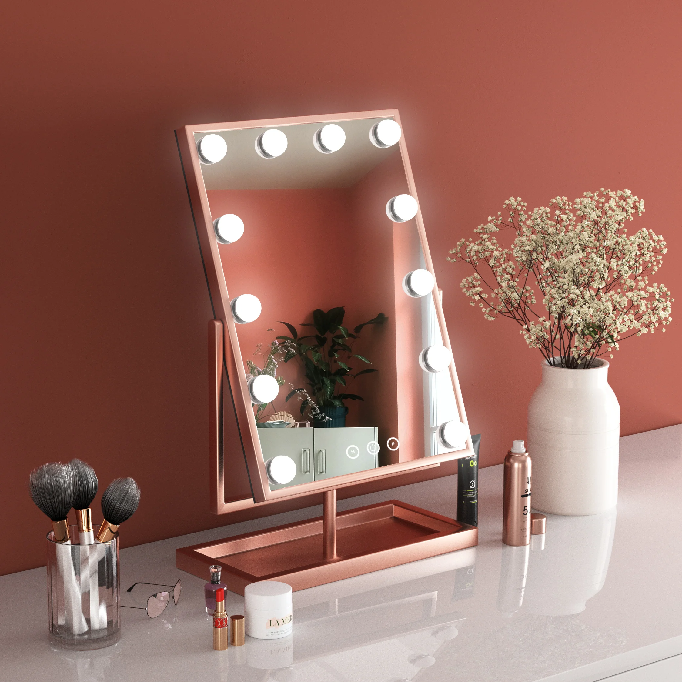 Hollywood tükör, asztali sminkes tükör tárolóval, 12x3W LED sminktükör, rozéarany, rose gold (DC117-4)