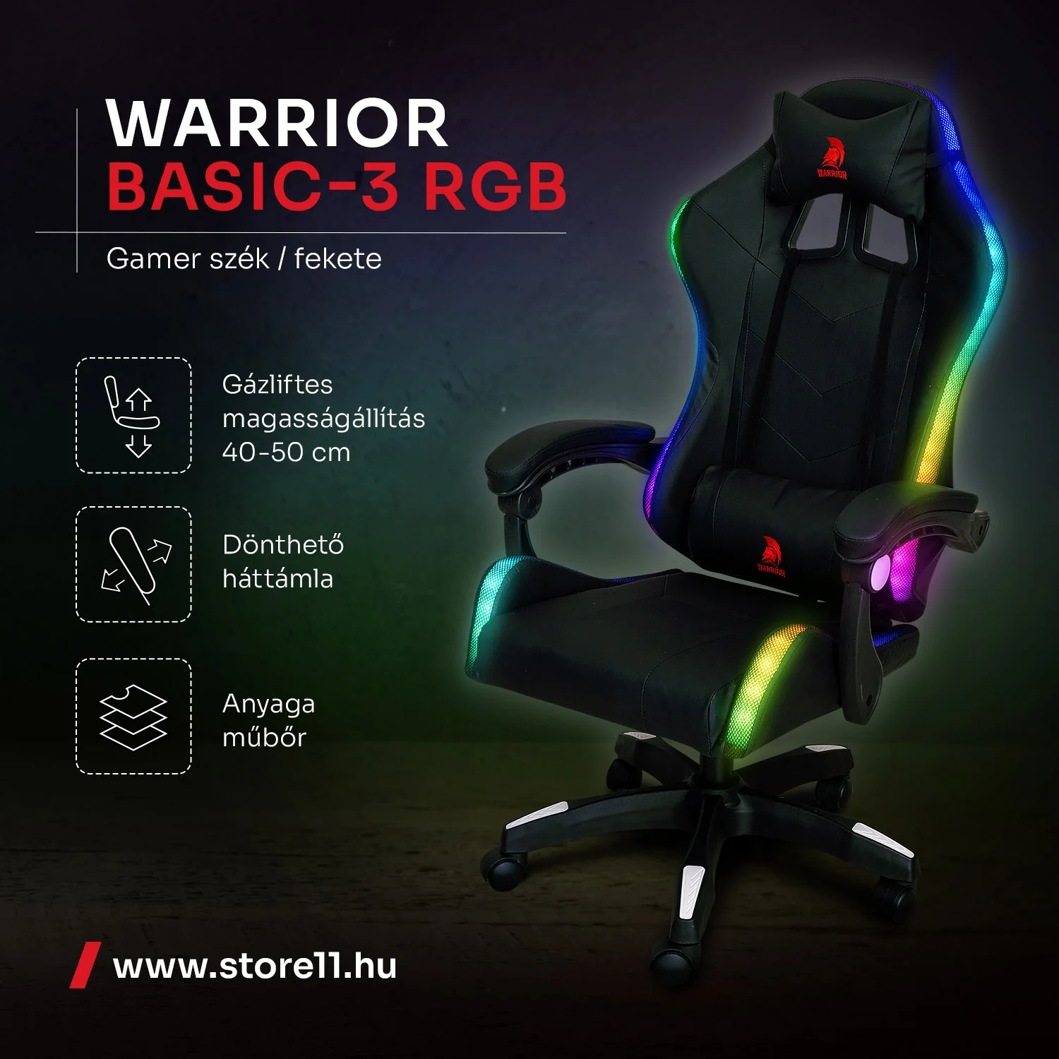 Warrior gamer szék, forgószék fekete RGB világítással (GAMER-BASIC-3-RGB-BLACK)