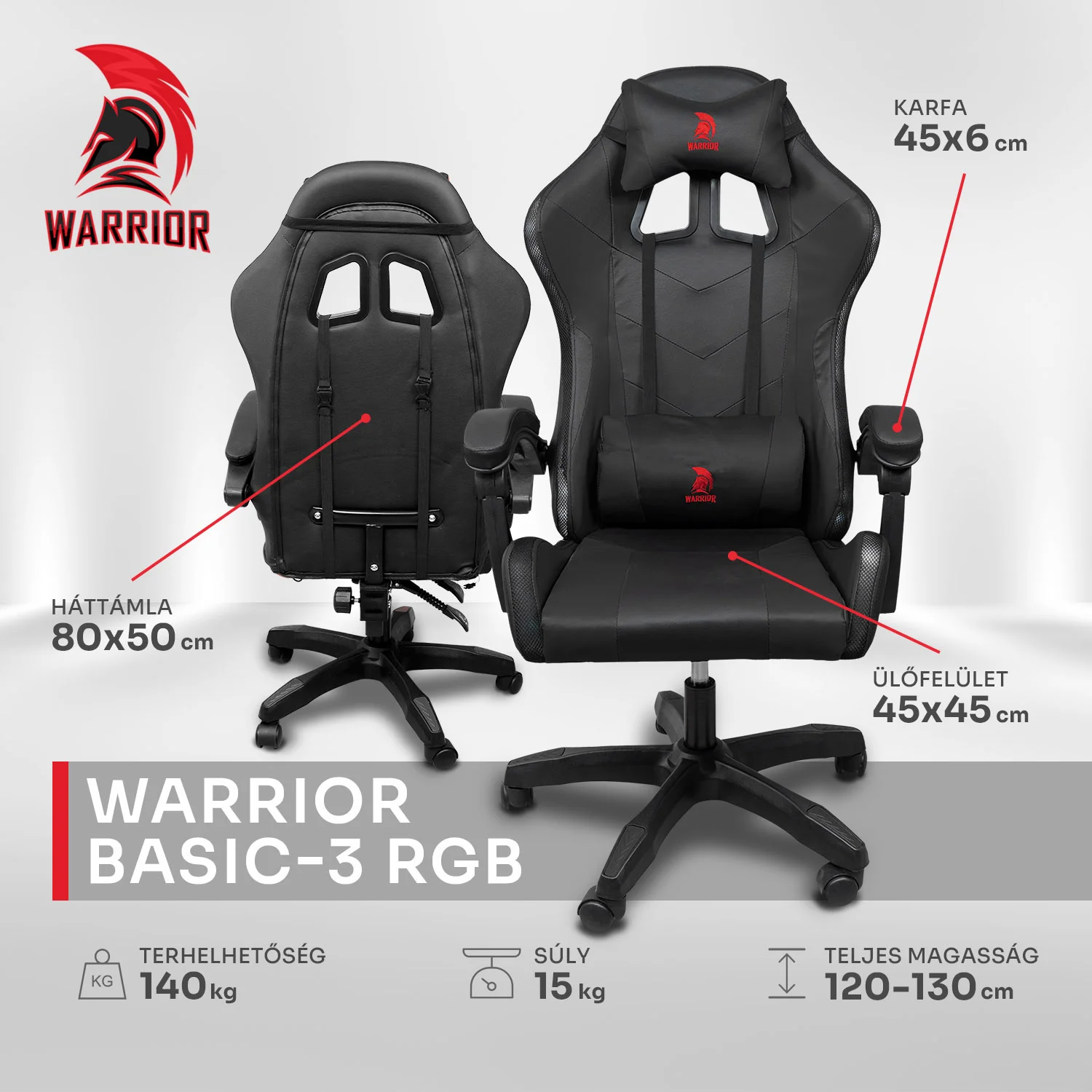 Warrior gamer szék, forgószék fekete RGB világítással (GAMER-BASIC-3-RGB-BLACK)