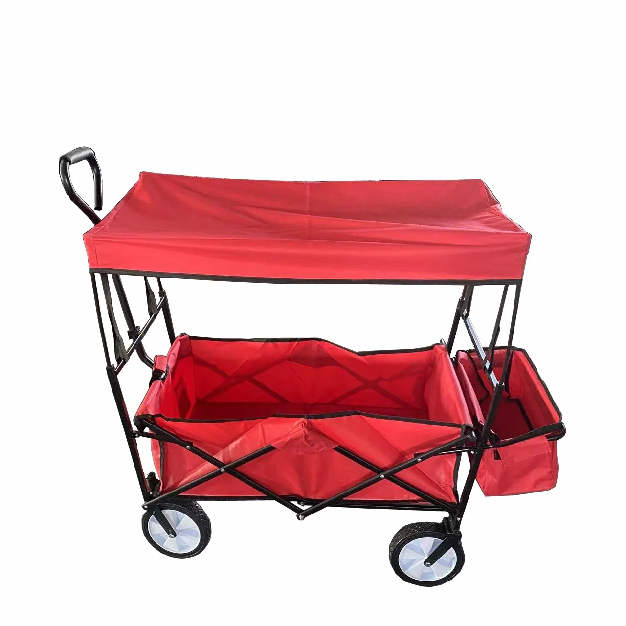 Fém kézikocsi, összecsukható kerti kocsi ponyvával, tetővel, piros, max. 70kg teherbírás (A10)