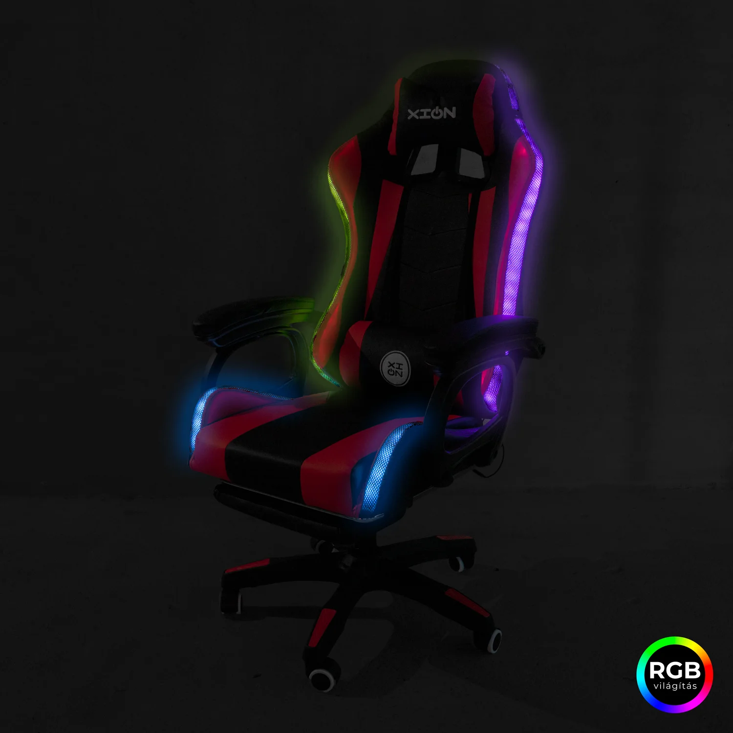 RGB Gamer szék, forgószék lábtartóval fekete-piros világítással (919)
