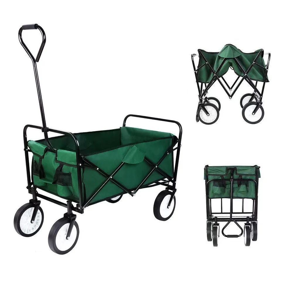 Fém kézikocsi, összecsukható kerti kocsi ponyvával, zöld, max. 50kg teherbírás (A01)