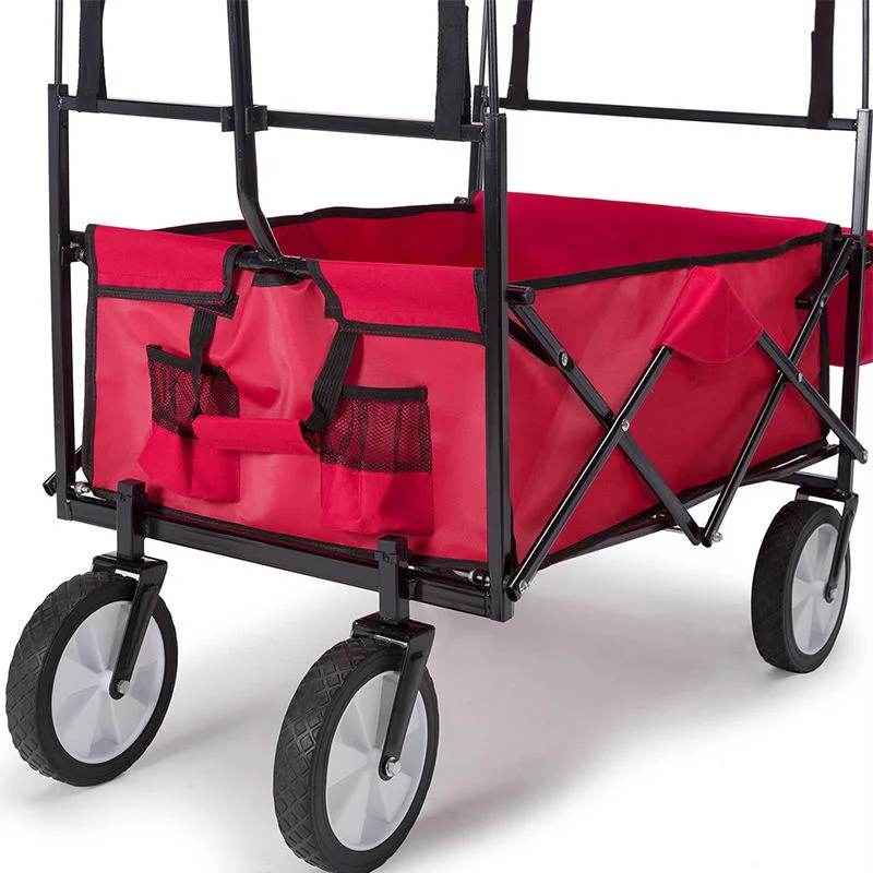 Fém kézikocsi, összecsukható kerti kocsi ponyvával, tetővel, piros, max. 70kg teherbírás (A10)