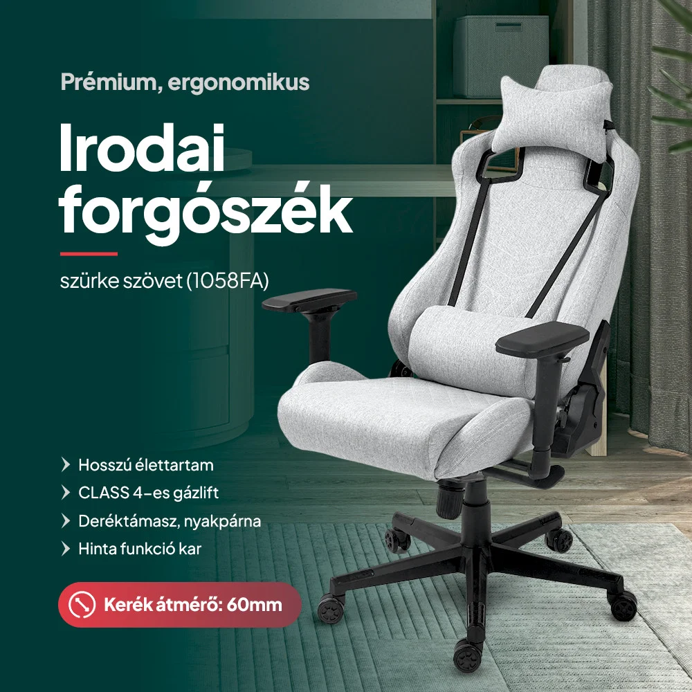 Prémium ergonomikus irodai szék, forgószék, gamer szék szürke (1058FA)