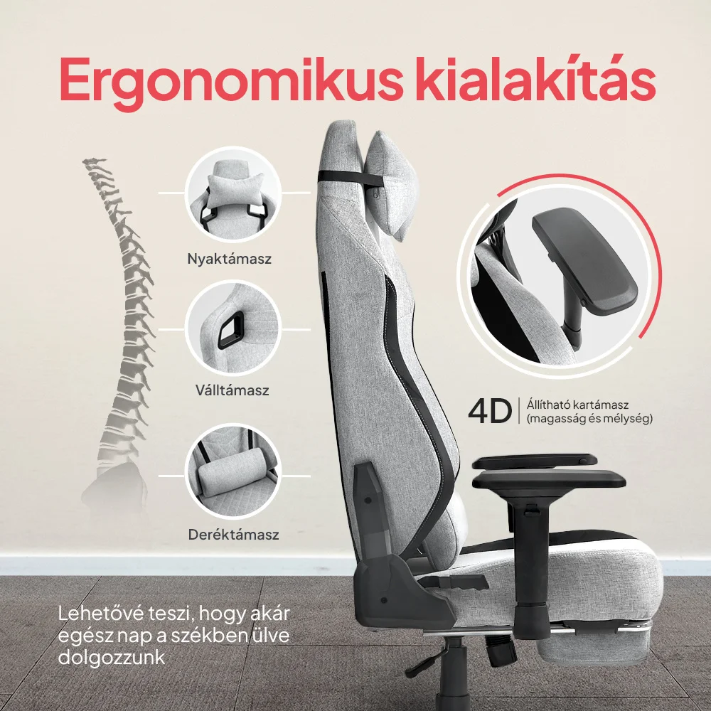 Prémium ergonomikus iroda szék, forgószék, gamer szék lábtartóval, sötétszürke-világosszürke-fekete (1058FB)
