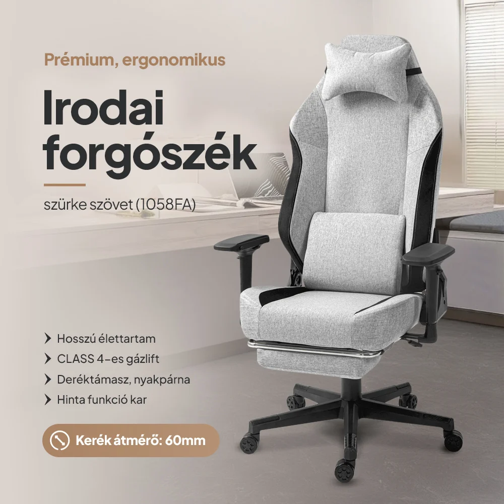 Prémium ergonomikus iroda szék, forgószék, gamer szék lábtartóval, sötétszürke-világosszürke-fekete (1058FB)