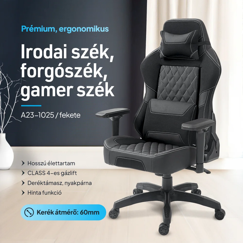 Prémium ergonomikus irodai szék, forgószék, gamer szék fekete (A23-1025)