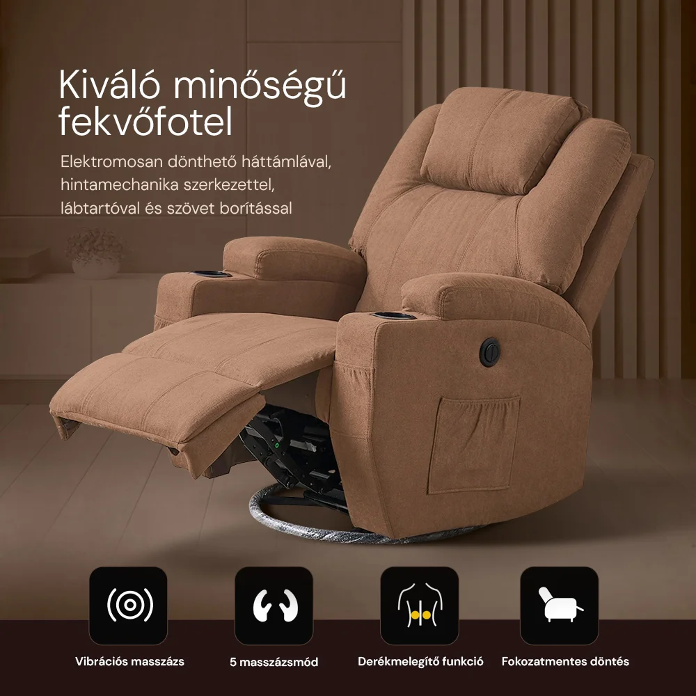 Relax fotelágy elektromosan dönthető háttámlával, lábtartóval, pohártartóval, vibrációs masszázzsal barna szövet (ELEC-MASS-CUP-BROWN-FAB)