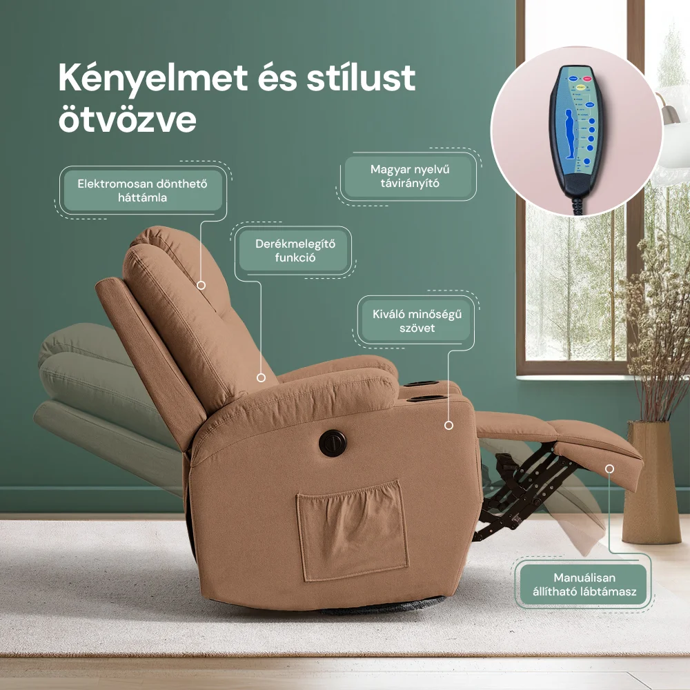 Relax fotelágy elektromosan dönthető háttámlával, lábtartóval, pohártartóval, vibrációs masszázzsal barna szövet (ELEC-MASS-CUP-BROWN-FAB)