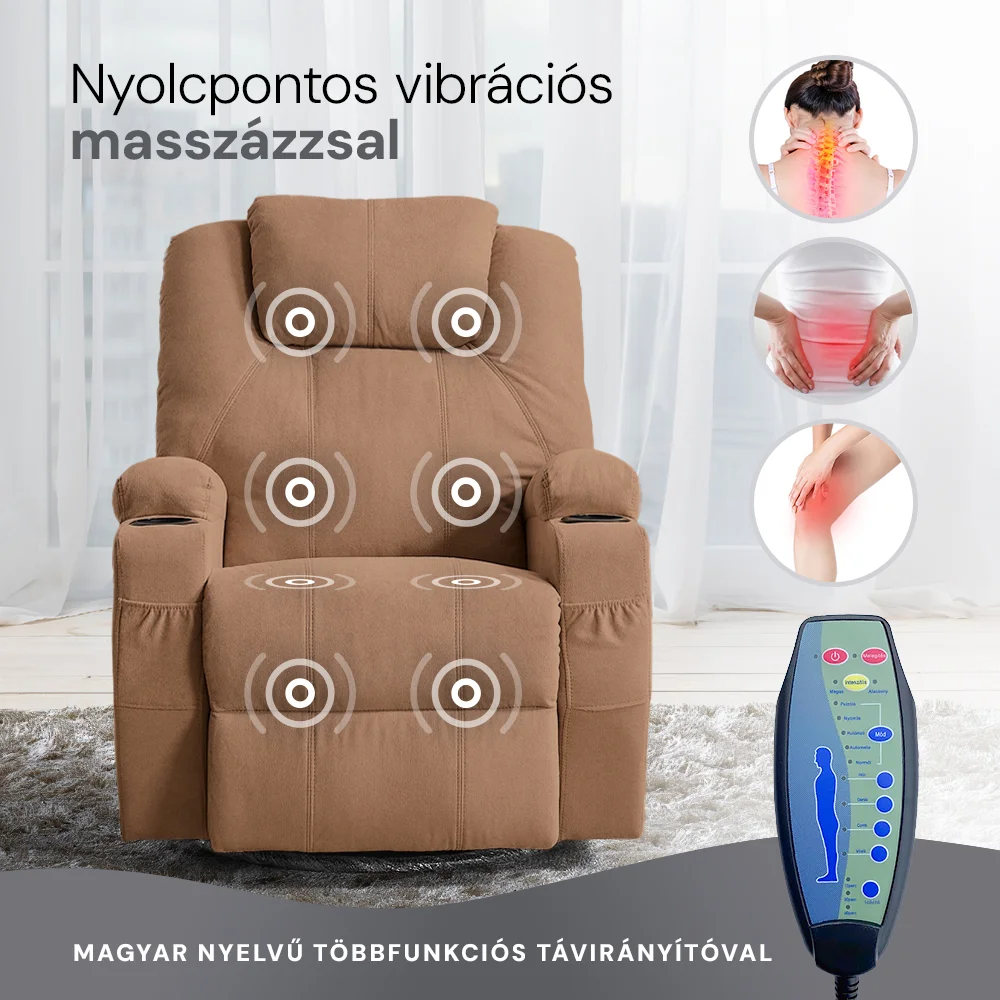 Relax fotelágy elektromosan dönthető háttámlával, lábtartóval, pohártartóval, vibrációs masszázzsal barna szövet (ELEC-MASS-CUP-BROWN-FAB)