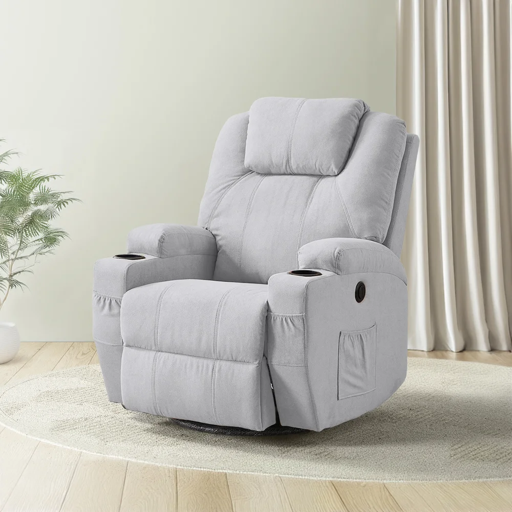 Relax fotelágy elektromosan dönthető háttámlával, lábtartóval, pohártartóval, vibrációs masszázzsal szürke szövet (ELEC-MASS-CUP-GREY-FAB)