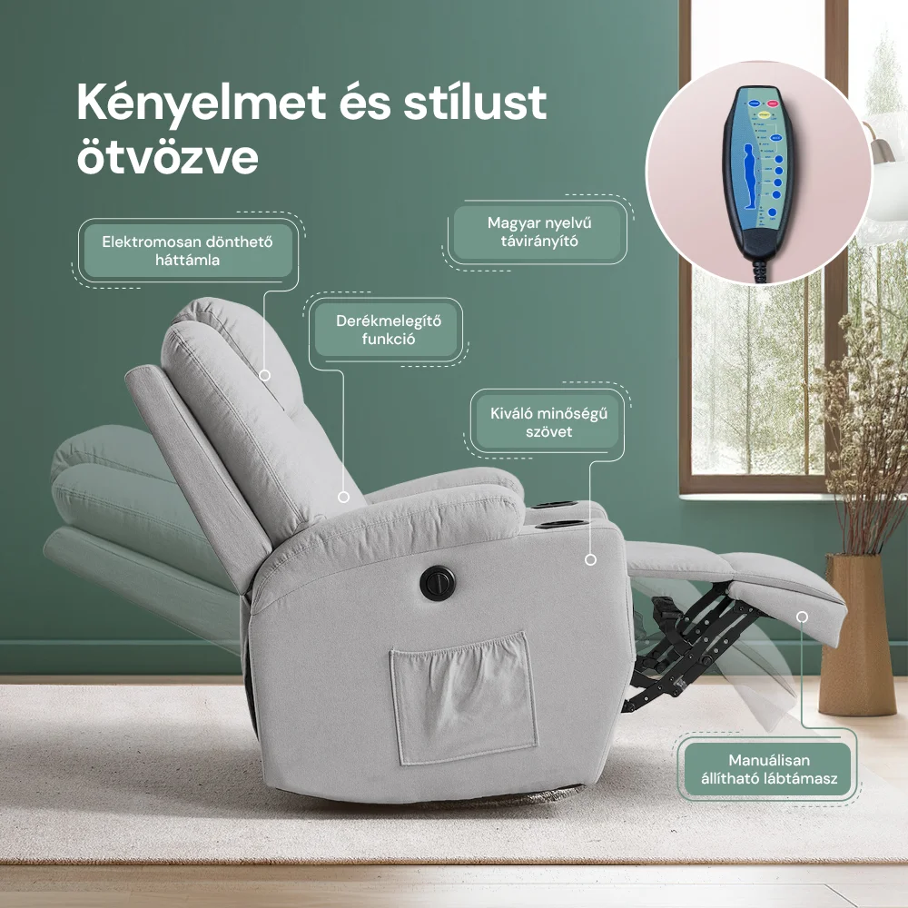 Relax fotelágy elektromosan dönthető háttámlával, lábtartóval, pohártartóval, vibrációs masszázzsal szürke szövet (ELEC-MASS-CUP-GREY-FAB)