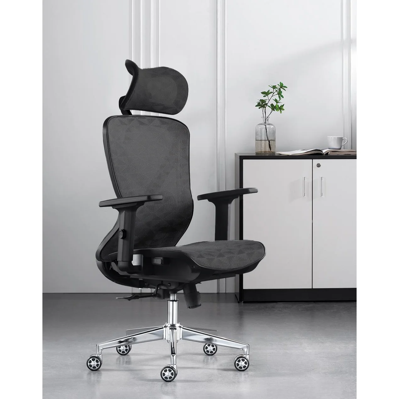 Prémium ergonomikus irodai szék, forgószék, fejtámasszal, fekete hálós (LA-8064MH-1-BLACK)