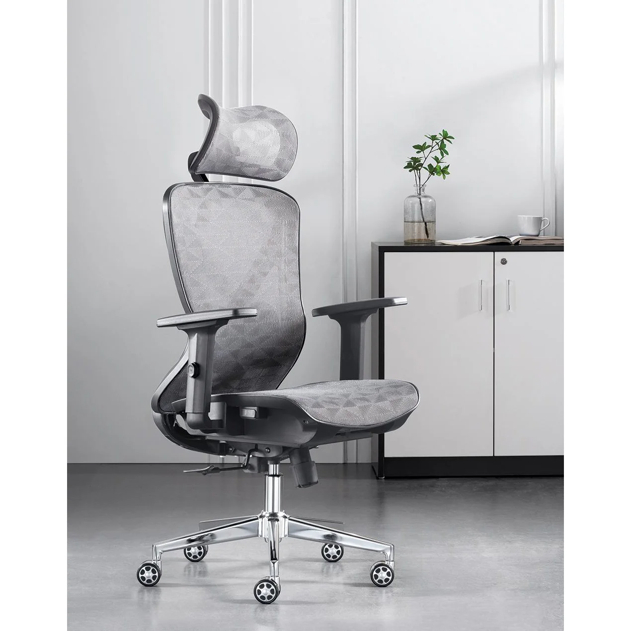 Prémium ergonomikus irodai szék, forgószék, fejtámasszal, szürke hálós (LA-8064MH-1-GREY)