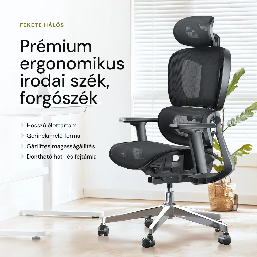 Prémium ergonomikus irodai szék, forgószék, fekete (T03) hálós