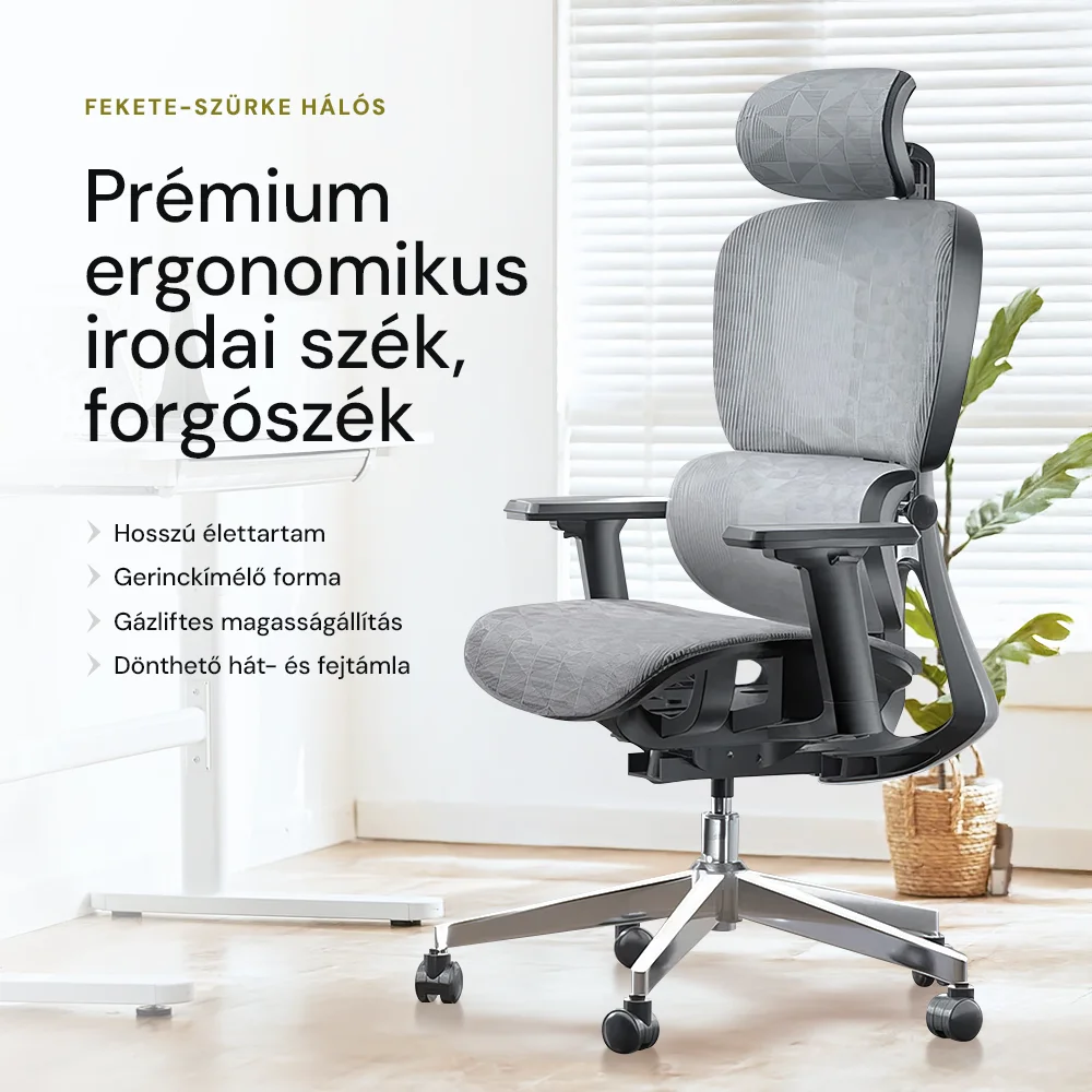 Prémium ergonomikus irodai szék, forgószék, fekete-szürke (T03) hálós