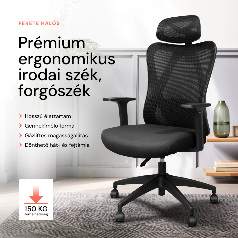 Ergonomikus irodai szék, forgószék, fekete (T15) hálós