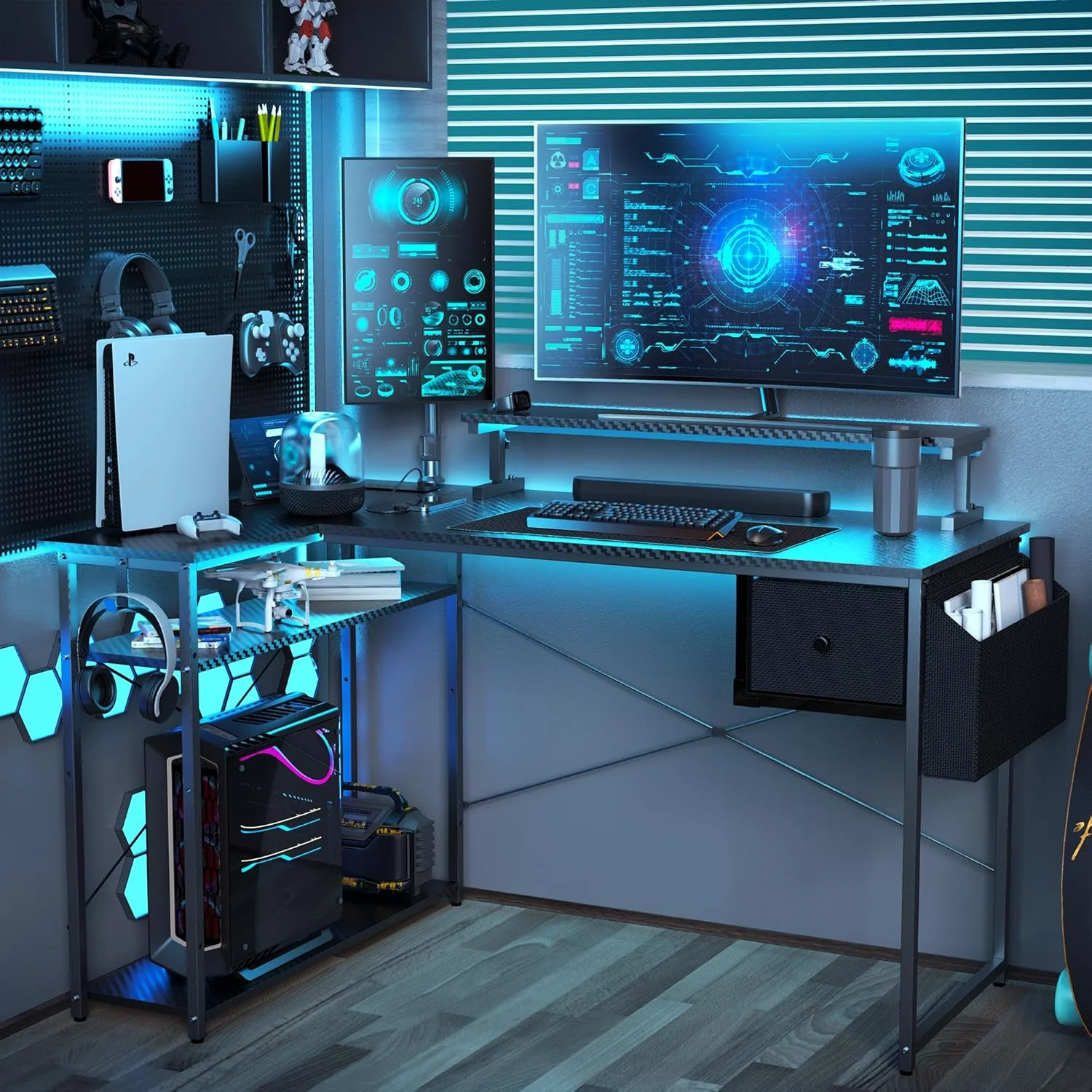 L alakú íróasztal, gamer asztal 120*80*74cm, fekete LED világítás, EU hálózati elosztóval, USB porttal (MK-1B)