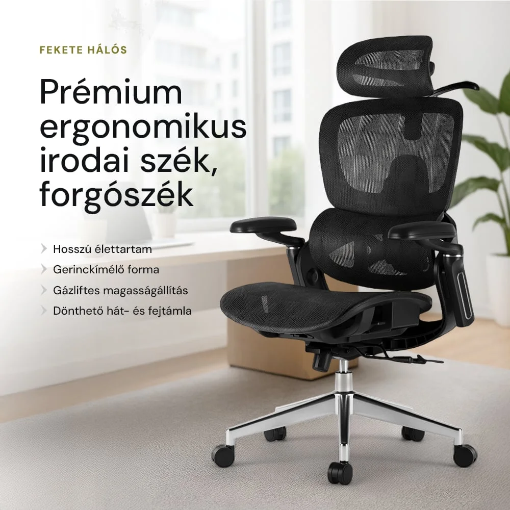 Prémiová ergonomická kancelárska stolička, otočná stolička, čierna sieťovina (E05)