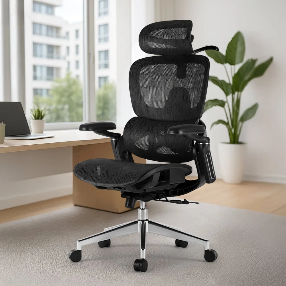 Prémiová ergonomická kancelárska stolička, otočná stolička, čierna sieťovina (E05)