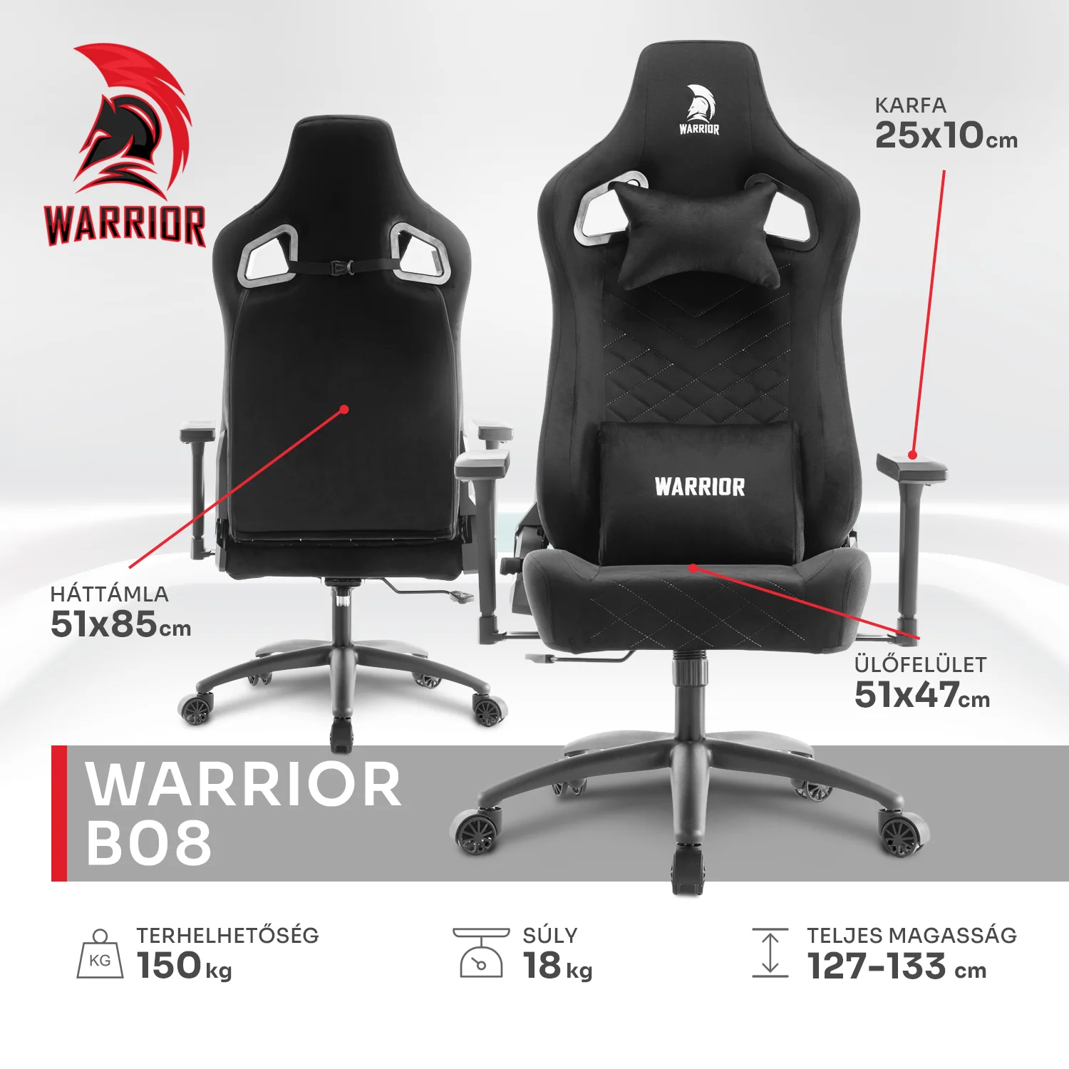 WARRIOR gamer szék, forgószék fekete - bársony szövet (PREMIUM-B08)