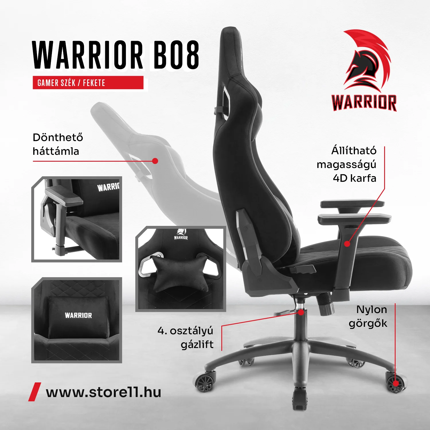 WARRIOR gamer szék, forgószék fekete - bársony szövet (PREMIUM-B08)
