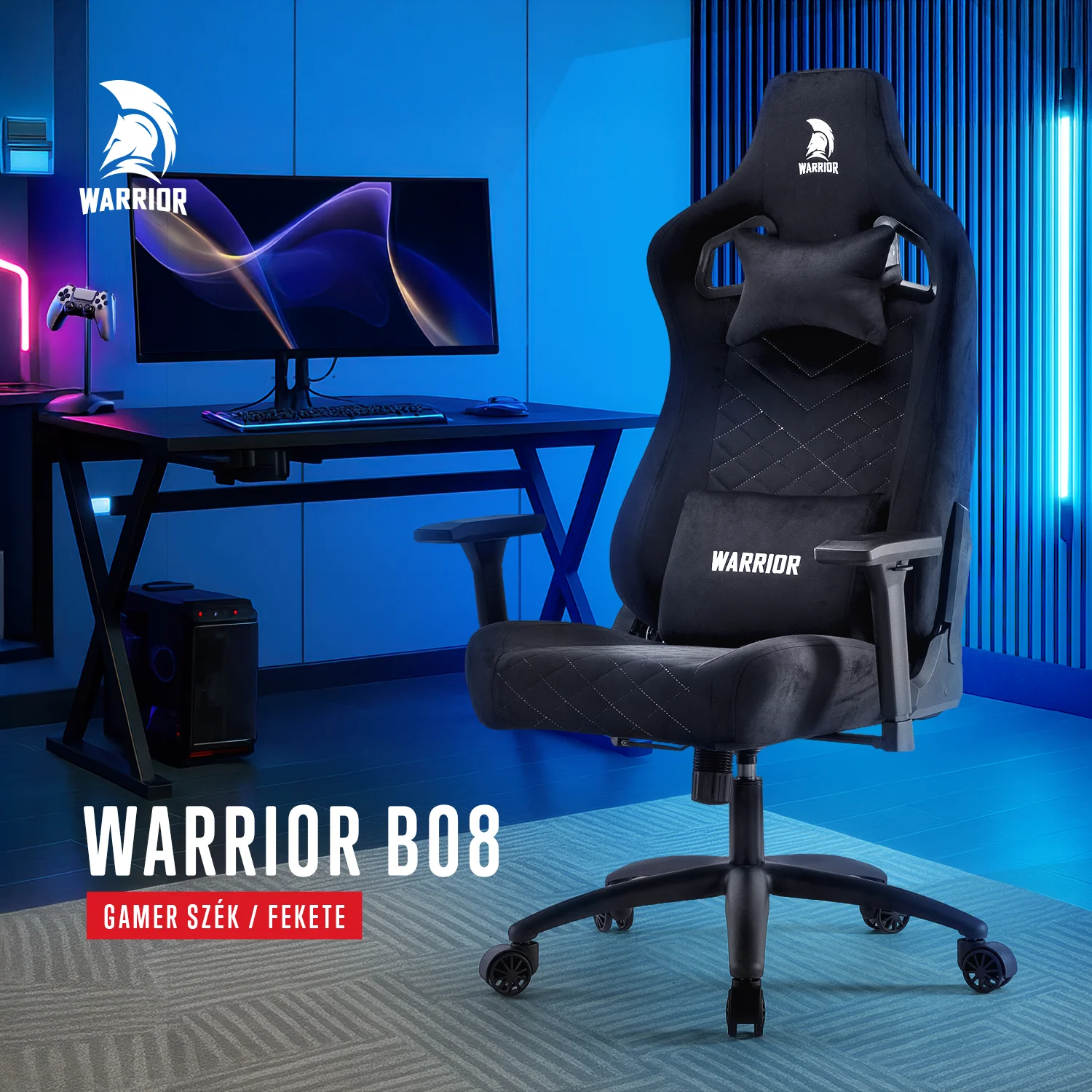 WARRIOR gamer szék, forgószék fekete - bársony szövet (PREMIUM-B08)