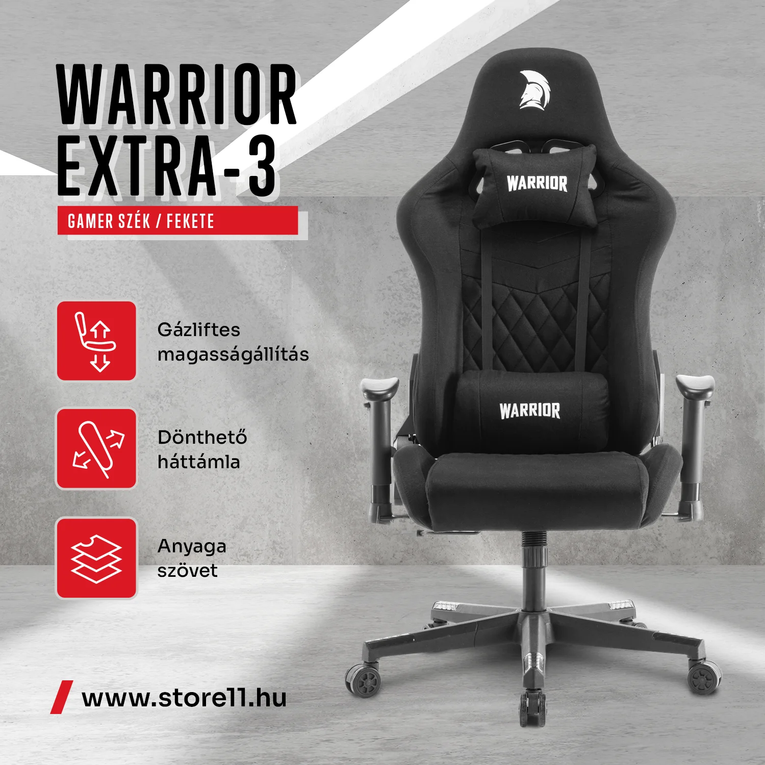 WARRIOR gamer szék, forgószék fekete - bársony szövet (EXTRA-3)