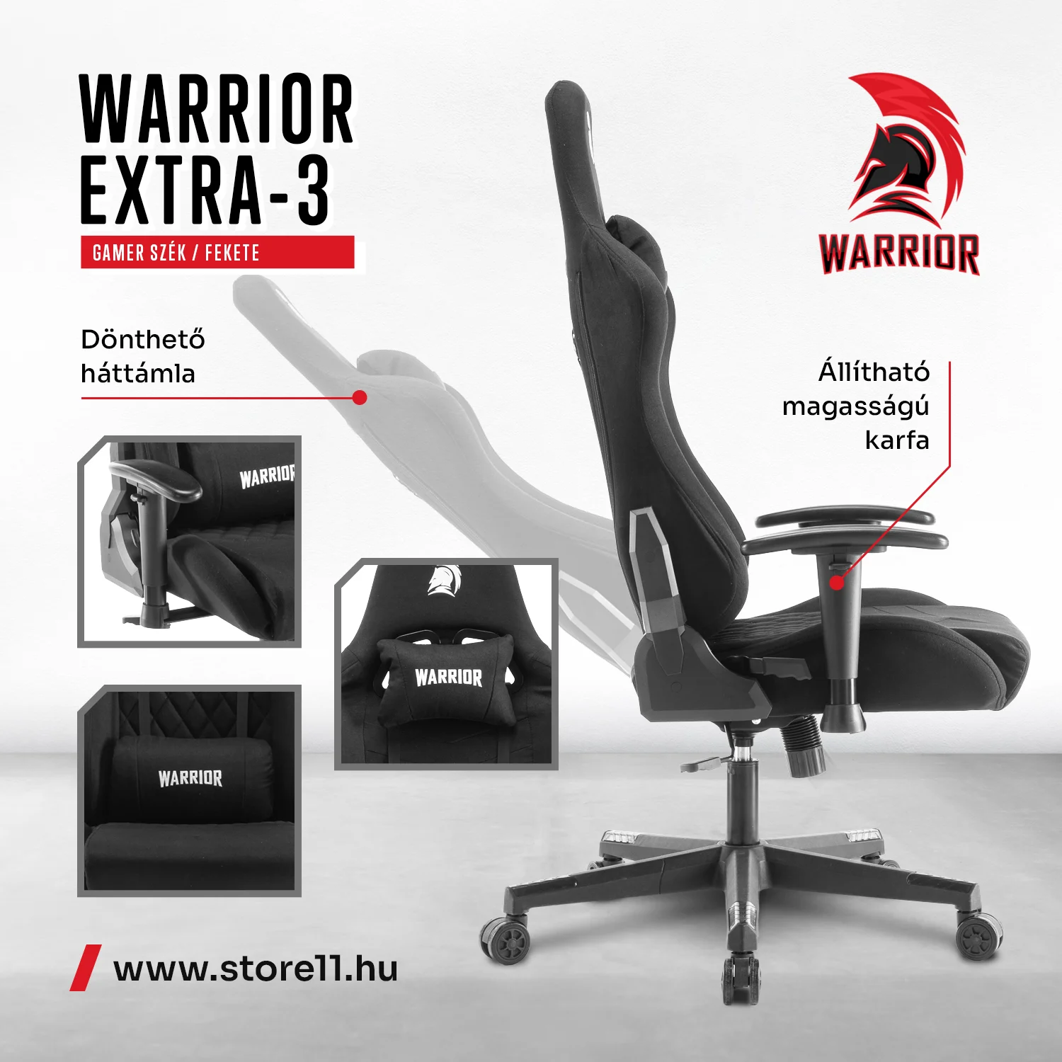 WARRIOR gamer szék, forgószék fekete - bársony szövet (EXTRA-3)
