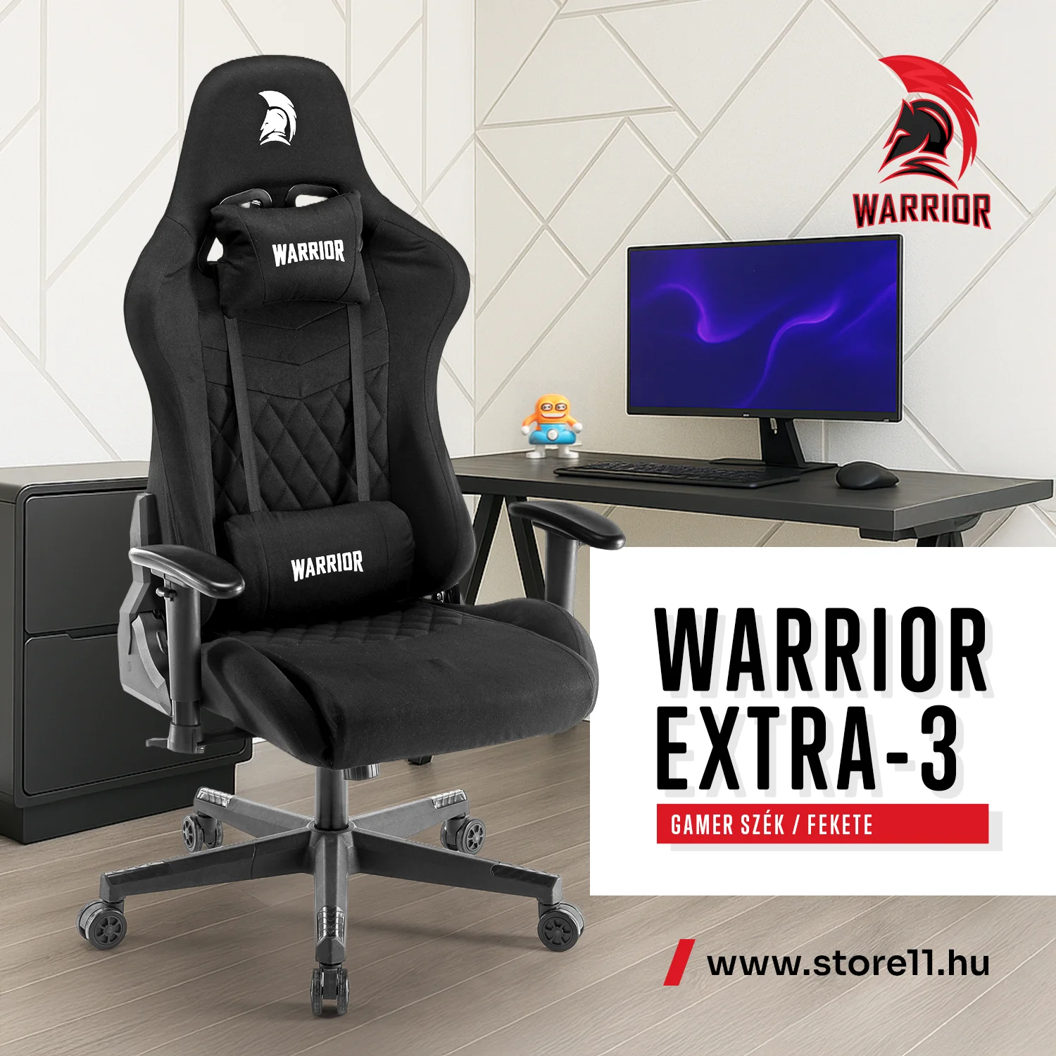 WARRIOR gamer szék, forgószék fekete - bársony szövet (EXTRA-3)
